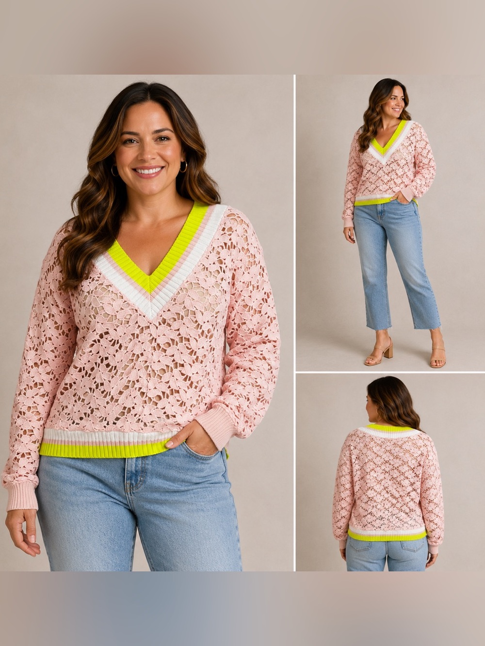 Elle Bechelani Pink Floral Lace Sweater L Neon Trim